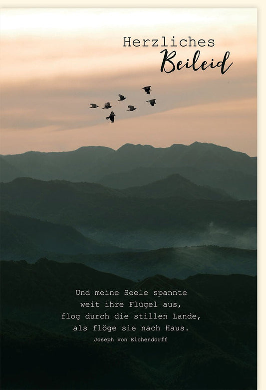 Trauerkarte zur Anteilnahme - Sonnenuntergang, Berge & Vögel Motiv für Trost und Hoffnung in Zeiten des Abschieds