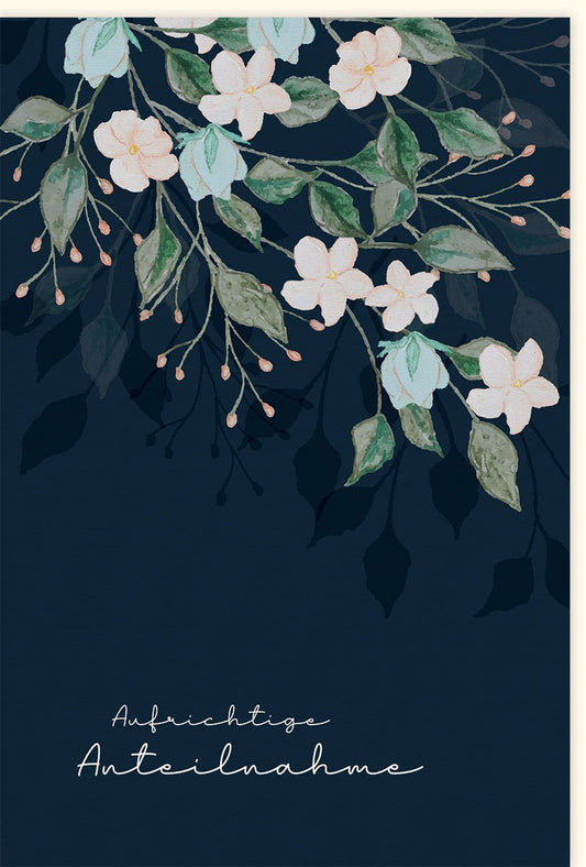 Trauerkarte zur Anteilnahme - Stilvolle Beileidskarte mit floralem Design in Dunkelblau für pietätvollen Abschied
