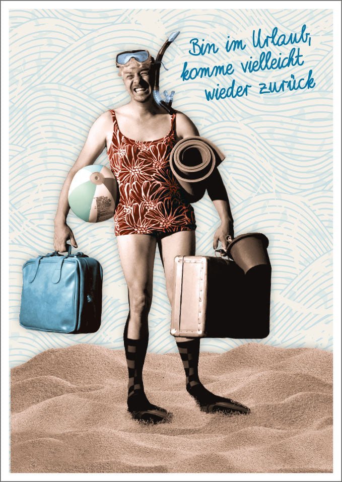 Urlaubsgrußkarte - Humorvolle Vintage Postkarte mit Badeanzug & Koffer Motiv, Strand & Sonnenbrille Design, Lustige Grüße