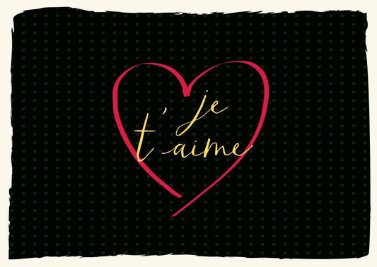 Valentinstagskarte: Romantische Karte mit rotem Herz und "je t'aime" auf schwarzem Hintergrund