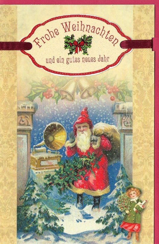 Vintage Weihnachtsgrußkarte mit traditionellem Weihnachtsmann und Geschenkesack