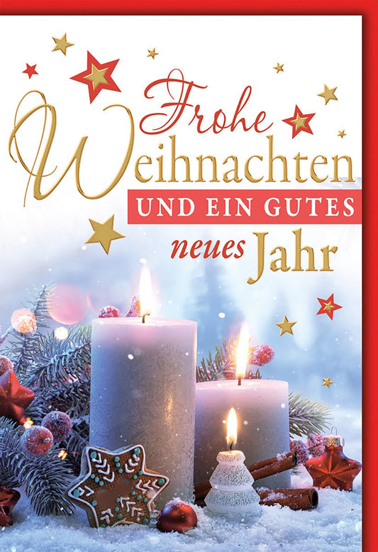 Weihnachts - und Neujahrskarte – Winterkerzen mit Lebkuchen und roten Sternen