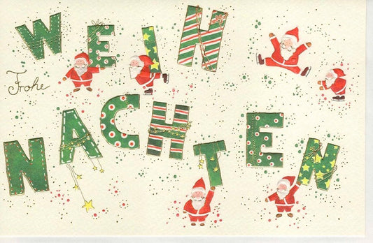 Weihnachtsgrußkarte aus Naturkarton mit sechs fröhlichen Weihnachtsmännern