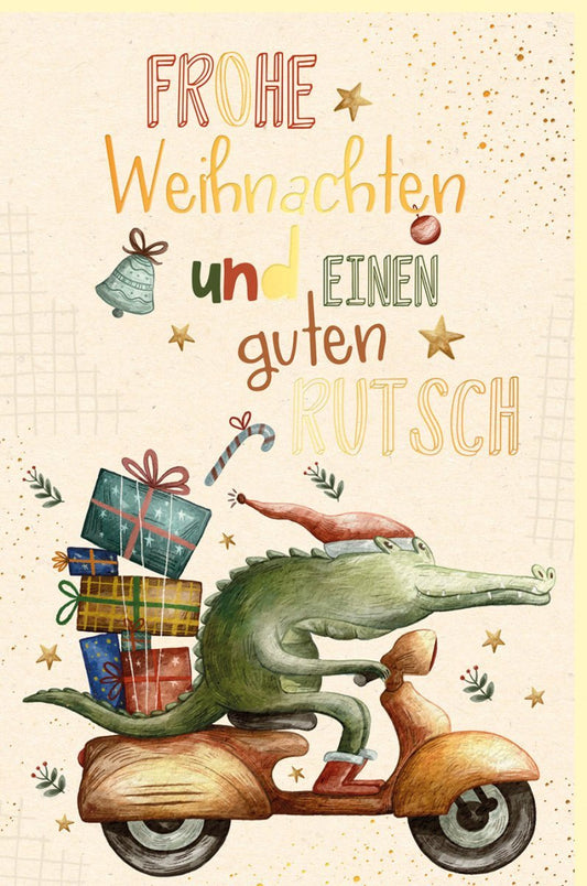 Weihnachtsgrußkarte aus Zuckerrohrpapier mit Goldfolie - Lustiges Krokodilmotiv, "Frohe Weihnachten & Guten Rutsch" in Grün & Gold