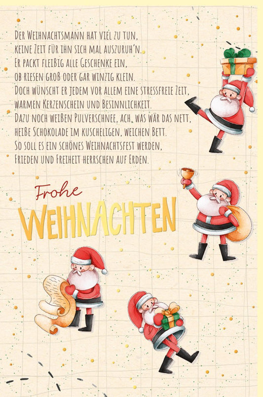 Weihnachtsgrußkarte aus Zuckerrohrpapier mit Weihnachtsmann, Rot - Grün Design für besinnliche Feiertage und herzliche Wünsche