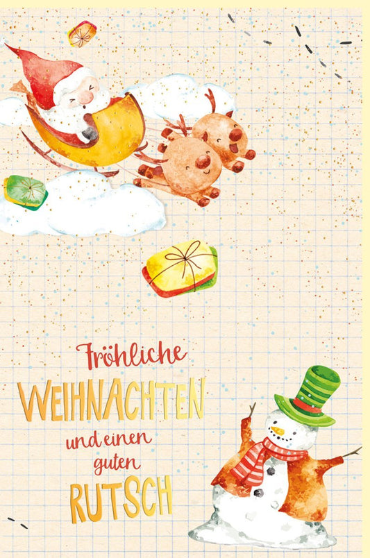 Weihnachtsgrußkarte aus Zuckerrohrpapier - Rentier, Schneemann & Santa Claus in festlichem Beige, Rot & Grün für Familie & Freunde