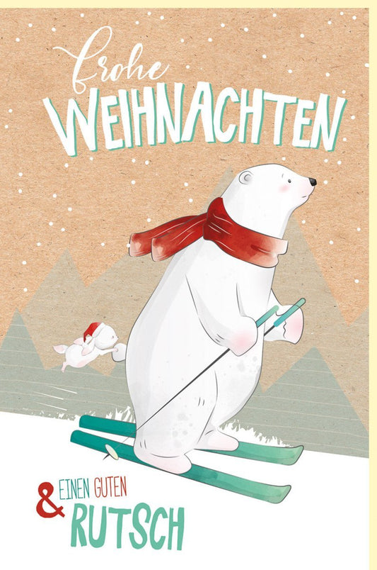 Weihnachtsgrußkarte Bär auf Ski, Naturkarton, Winterillustration, Frohe Weihnachten & Guten Rutsch, Perfekt für Kinder & Familie in Beige & Rot