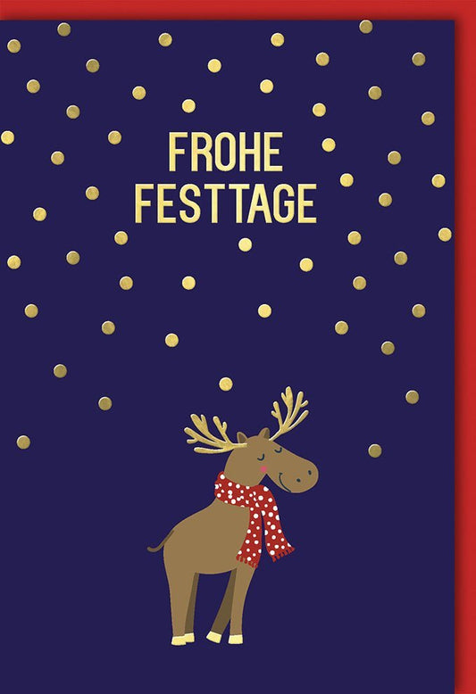 Weihnachtsgrußkarte Elch - Design, Rote & Goldene Schneeflocken - Festliche Grüße für Winterfeiertage