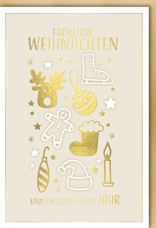 Weihnachtsgrußkarte – Eleganter Stiefel mit Goldakzenten und festlichen Motiven wie Rentier, Lebkuchenmann & Christbaumkugel