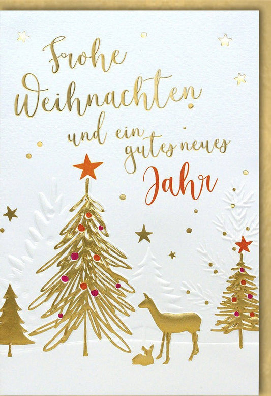 Weihnachtsgrußkarte - Elegantes Glitzer - Reh & Tannenbaum Design mit Goldschrift