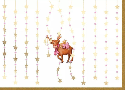 Weihnachtsgrußkarte - Elegantes Rentier & Engel Design mit Goldfolie, Sternen und Glitzer für festliche Grüße