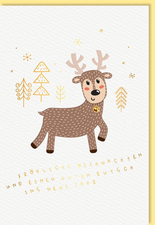 Weihnachtsgrußkarte – Elegantes Rentierdesign mit Goldfolie auf Naturkarton & Glöckchen, Exklusiv und Hochwertig