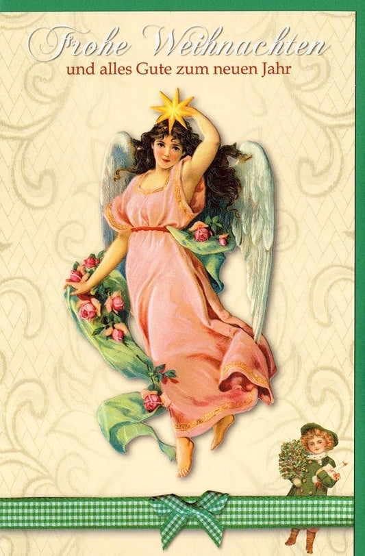 Weihnachtsgrusskarte Engel im Retrodesign mit grünem Kuvert