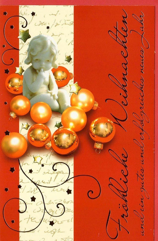 Weihnachtsgrußkarte Engel mit roten Weihnachtskugeln – Festliche Grüße für die besinnliche Jahreszeit