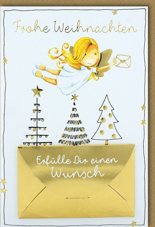 Weihnachtsgrußkarte Engel & Stern, Festlicher Baum mit Goldschrift, Hochwertige "Frohe Weihnachten" Karte