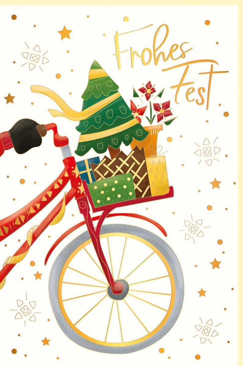 Weihnachtsgrußkarte: Fahrrad mit Geschenken & Winterbaum - Frohes Fest und Besinnliche Feiertage