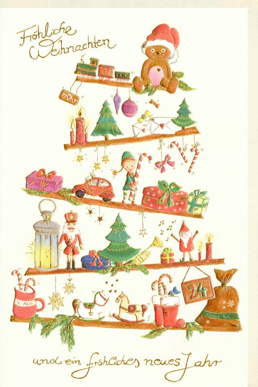 Weihnachtsgrußkarte: Festliche Grüße mit Baum, Teddybär & Kerzen – Glitzernde Wünsche für Familie und Freunde