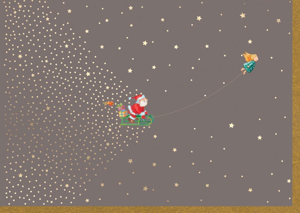 Weihnachtsgrußkarte – Festliche Santa - und Rentier - Motive, Glitzersterne in Braun & Gold für besinnliche Feiertage