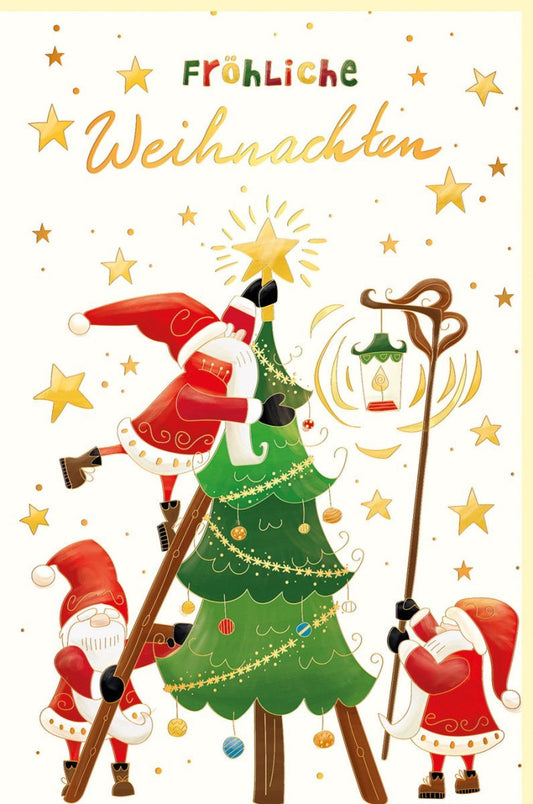 Weihnachtsgrußkarte: Festliche Weihnachtsmänner schmücken den Baum, in Gold, Rot & Grün für Familie und Freunde, mit Sternen verziert für frohe Festtage