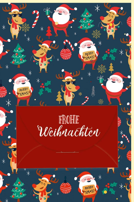 Weihnachtsgrußkarte: Festliches Rentier & Santa Claus Design, Traditioneller Gruß für Familie & Freunde, Rote Geschenkkarte mit Weihnachtsbaum & Zuckerstange