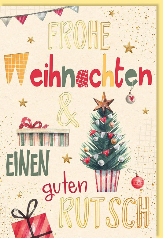 Weihnachtsgrußkarte: Frohe Weihnachten mit festlichem Design aus Baum, Geschenken und Sternen