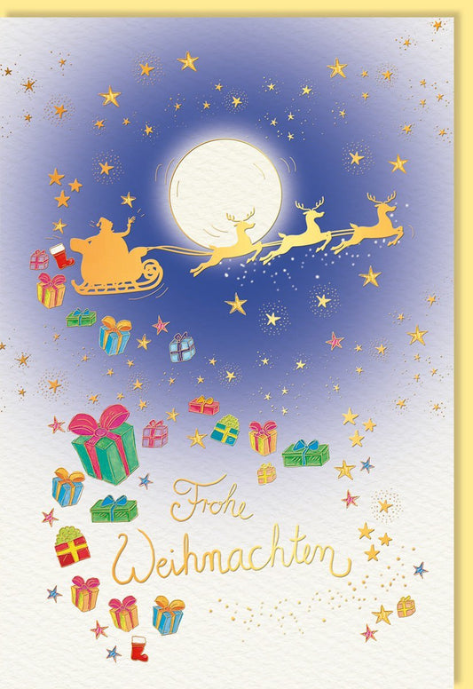 Weihnachtsgrußkarte Frohe Weihnachten mit Schlitten, Rentieren und Geschenken im festlichen Design für besinnliche Grüße