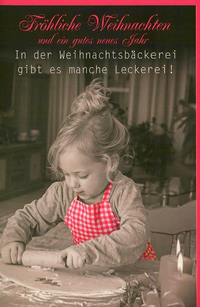 Weihnachtsgrusskarte: Fröhliche Bäckerei mit Kindern beim Plätzchenbacken