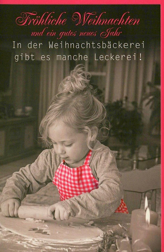 Weihnachtsgrusskarte: Fröhliche Bäckerei mit Kindern beim Plätzchenbacken