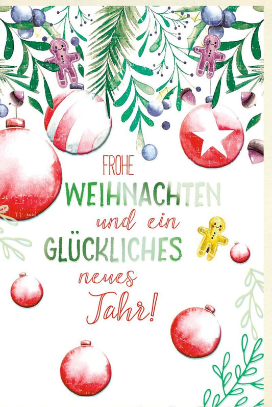 Weihnachtsgrußkarte: "Fröhliche Festtage & Ein Gutes Neues Jahr" mit Tannenzweigen, Kugeln & Lebkuchenmann