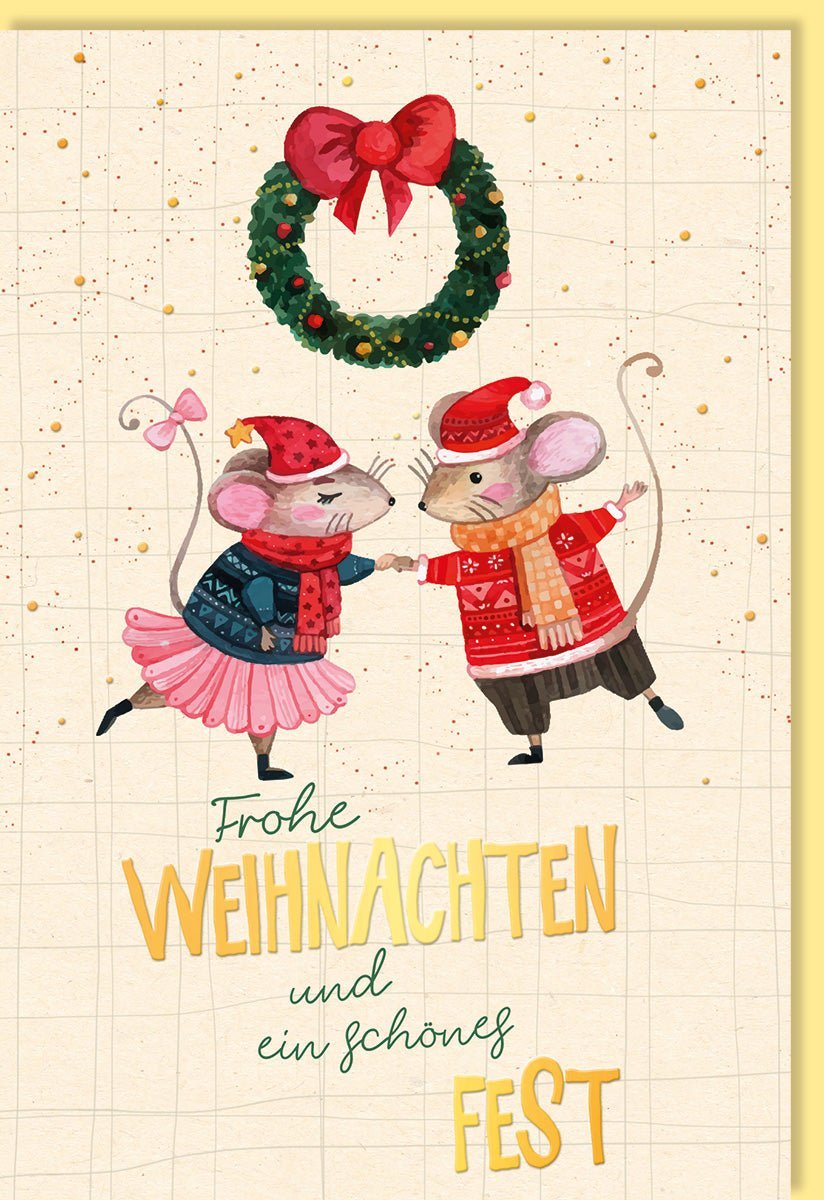 Weihnachtsgrußkarte - Fröhliche Mäuse im Tanz, Festkranz & Goldakzente auf Zuckerrohrpapier, Charmante Illustration für besinnliche Feiertage
