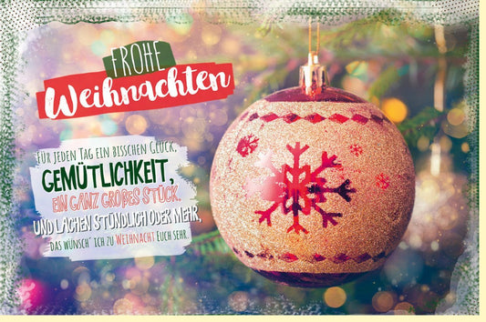 Weihnachtsgrußkarte: Funkelnde Schneekugel & Tannenbaum, Festlicher Text für Freude & Ruhe, Festliche Dekoration