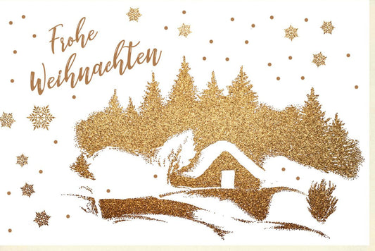 Weihnachtsgrußkarte: Glitzernde Tannen & Schneelandschaft in Gold für Besinnliche Dezembertage