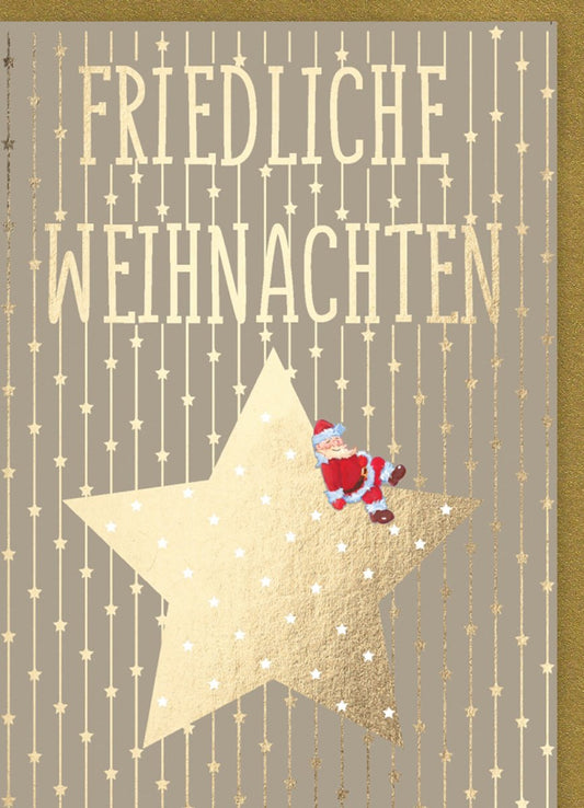 Weihnachtsgrußkarte - Glitzernder Santa & Festliche Sterne in Gold mit Beiger Schrift für Besinnliche Feiertage