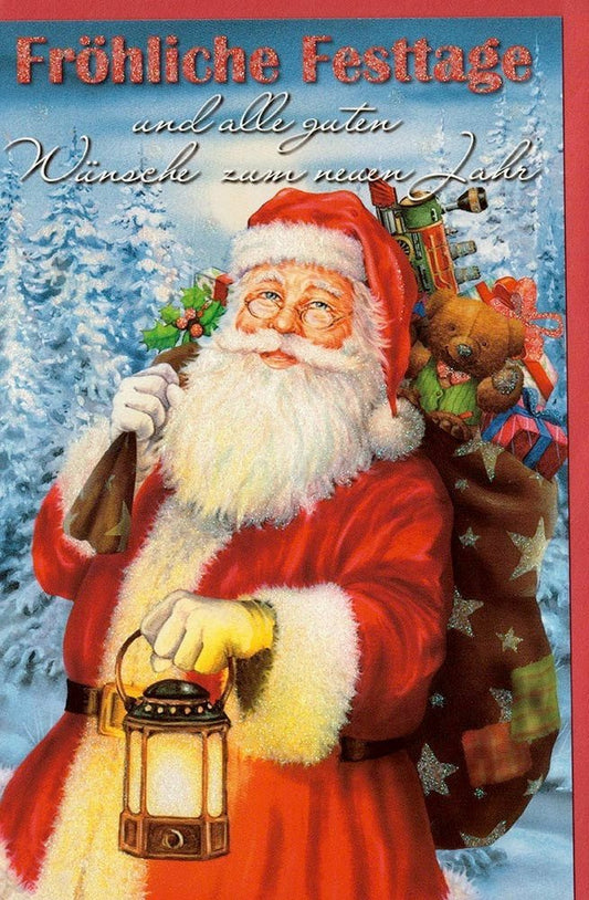Weihnachtsgrußkarte im Retro - Stil mit Nikolaus und Geschenkesack