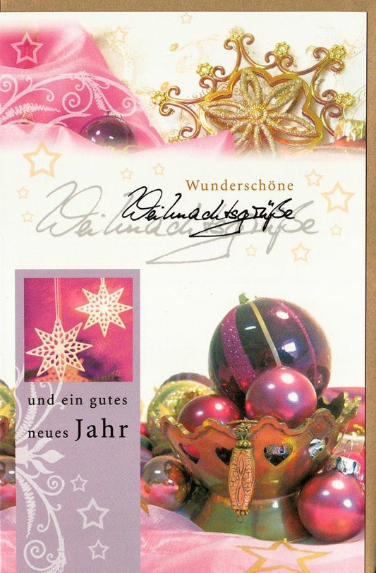 Weihnachtsgrußkarte in Gold und Pink mit festlichen Kugeln