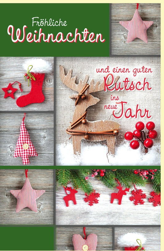 Weihnachtsgrußkarte in klassischem Grün mit Foto - Einschub, Rentier und Sternen auf Holzoptik - Hintergrund