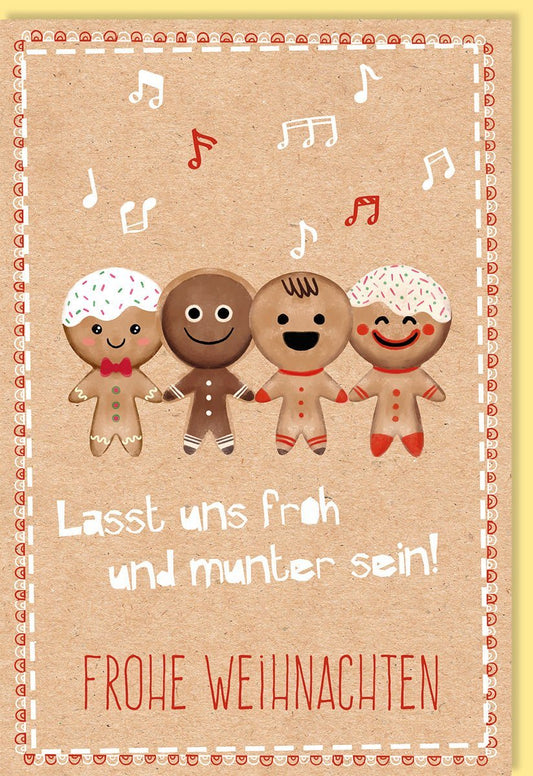 Weihnachtsgrußkarte Lebkuchenmännchen, Naturkarton mit Musiknoten, Festlich Vintage im besinnlichen Design