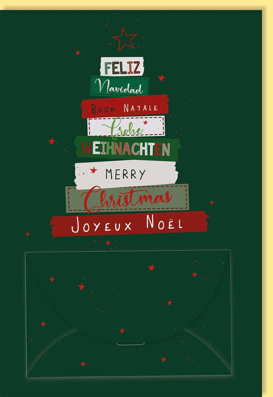 Weihnachtsgrußkarte Mehrsprachig - Internationaler Gruß, Elegantes Stern - Design in Grün & Rot, Moderne Typografie für die Feiertage