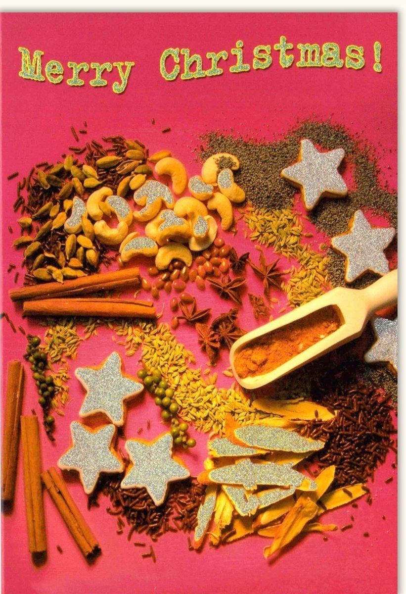 Weihnachtsgrußkarte "Merry Christmas" - Festliche Karte mit Nüssen, Gewürzen & Glitzersternen, Rote Deko, Holiday Season Greetings