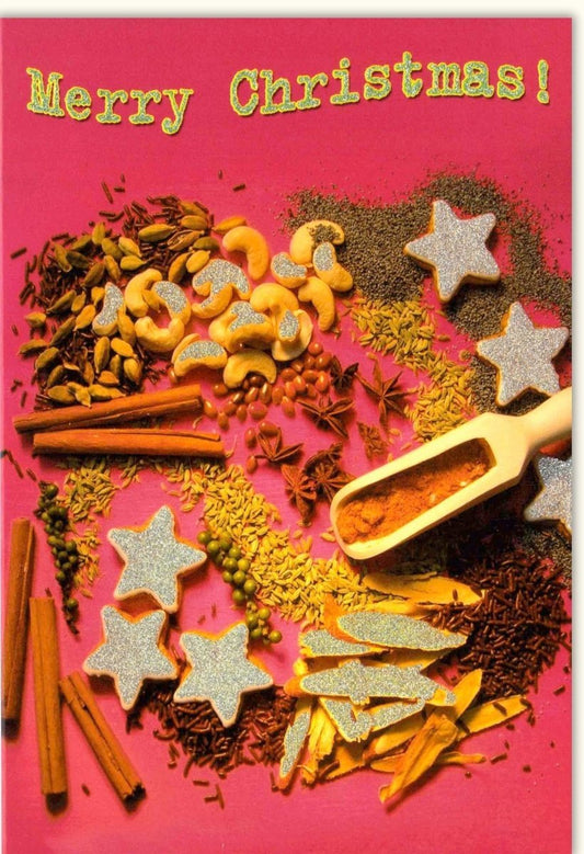 Weihnachtsgrußkarte "Merry Christmas" - Festliche Karte mit Nüssen, Gewürzen & Glitzersternen, Rote Deko, Holiday Season Greetings