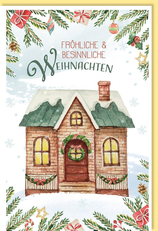 Weihnachtsgrußkarte mit Aquarell - Schneelandschaft, gezeichnetem Haus und Tannenzweigen - Besinnliche Festtagsgrüße