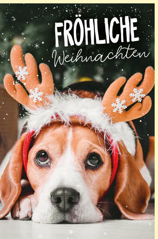 Weihnachtsgrußkarte mit Beagle - Charmanter Hund mit Elchgeweih in Schneelandschaft, Festliche Grüße für Familie & Freunde, Braun - Weiß - Rot
