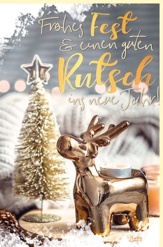 Weihnachtsgrußkarte mit Elch in Goldfolie - Elegantes Design in Braun - und Goldtönen, Tannenbaum & Kerze für Familie und Freunde