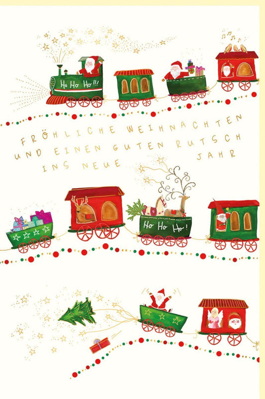 Weihnachtsgrußkarte mit festlichem Zug - Motiv auf Naturkarton, Rot - Grün - Gold Glitzer, Persönliche Grüße für Familie & Freunde, Stilvoller Jahreswechsel