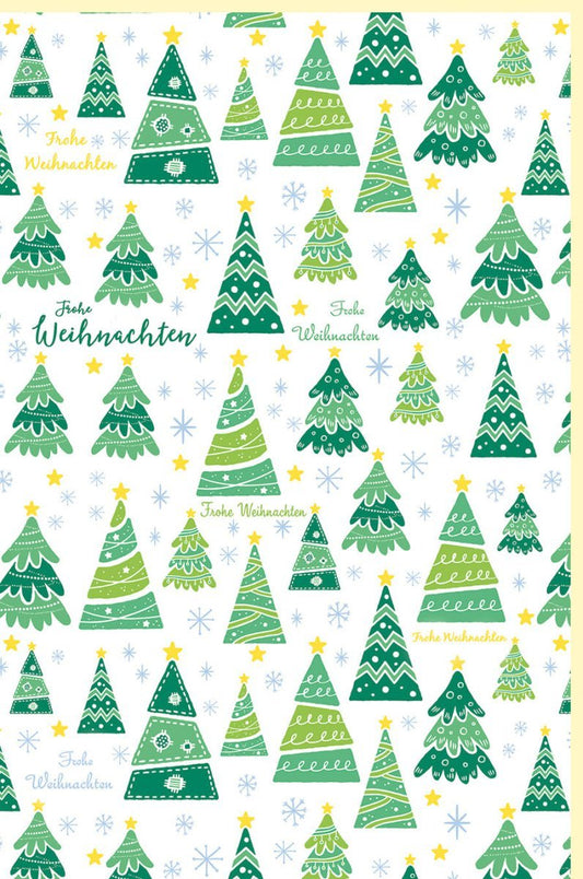 Weihnachtsgrußkarte mit festlichen Bäumen und traditionellen Grüßen in Grün & Gelb - Schneeflockenmotiv für Familie & Freunde