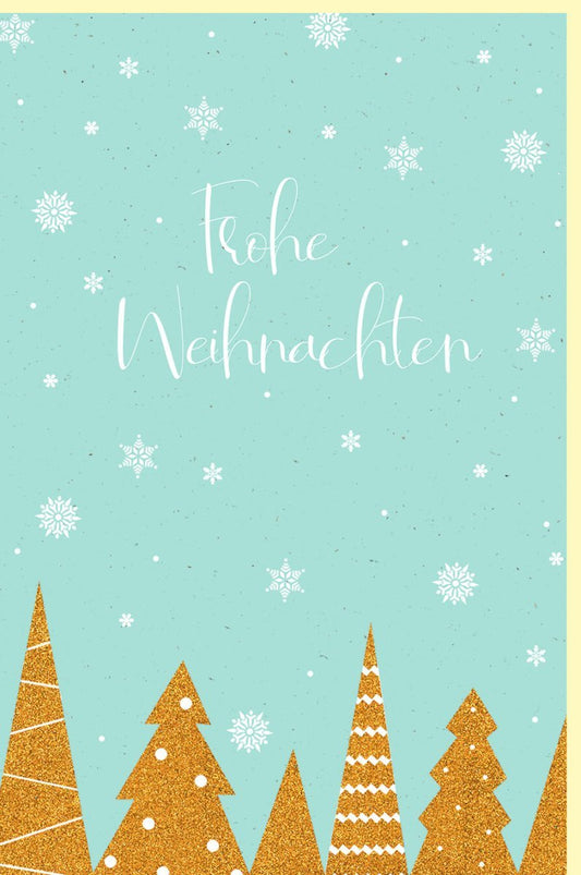 Weihnachtsgrußkarte mit Festlichen Schneeflocken, Tannenbäumen & Goldakzenten - Elegantes Design für Stilvolle Feiertagsgrüße