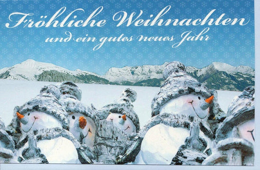 Weihnachtsgrußkarte mit fröhlichen Schneemännern im Querformat – perfekt für festliche Grüße