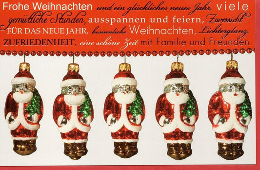 Weihnachtsgrußkarte mit fünf fröhlichen Weihnachtsmännern – festliche Grüße senden