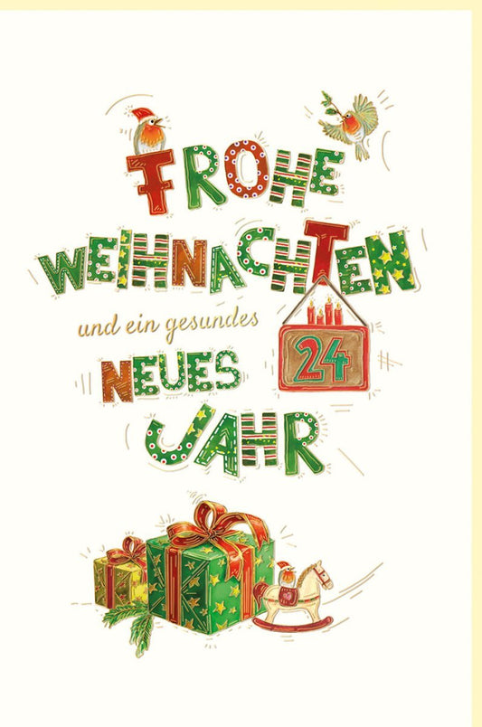 Weihnachtsgrußkarte mit Goldfolie & Blindprägung – Elegantes Schaukelpferd - Design für festliche Grüße an Familie & Freunde, Grün - Rot