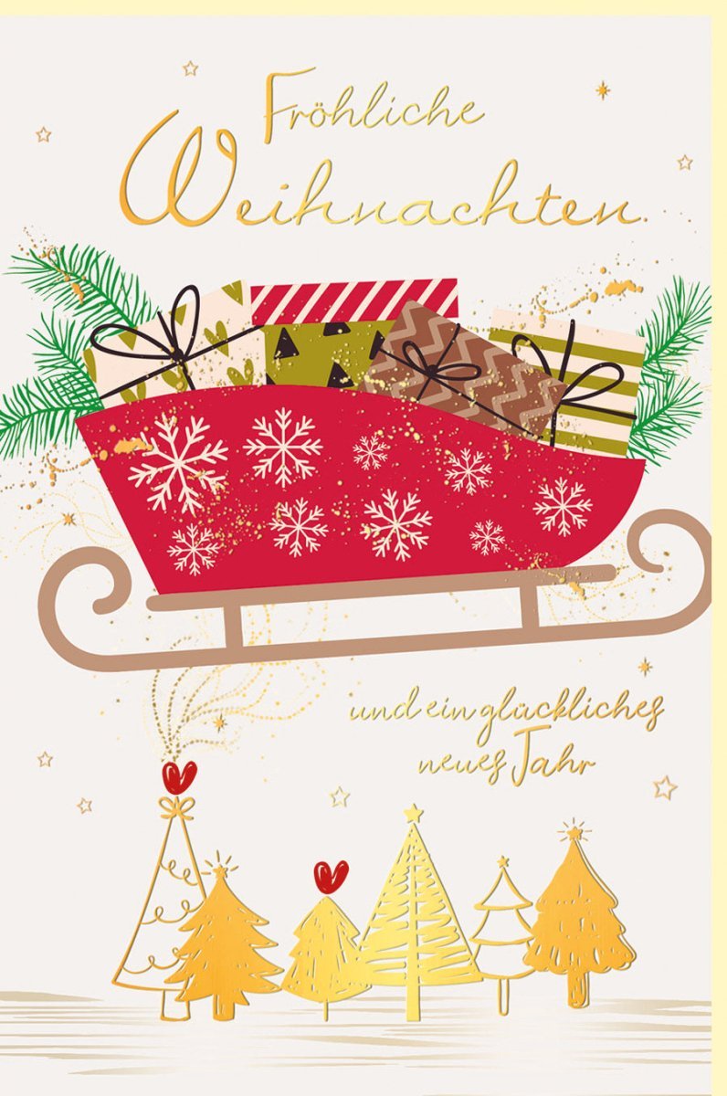 Weihnachtsgrußkarte mit Goldfolie: Elegantes Schlittenmotiv in Rot, Grün & Gold – Festliche Grüße mit Tannenzweigen & Schneeflocken